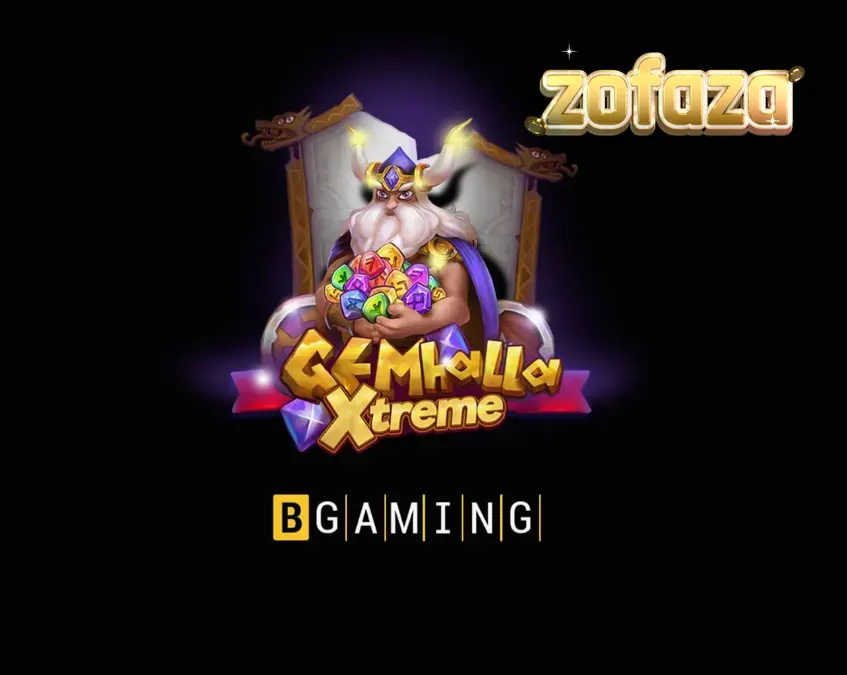 Thor berdiri di samping grid permainan Gemhalla Xtreme dengan latar belakang pohon kehidupan yang bercahaya.